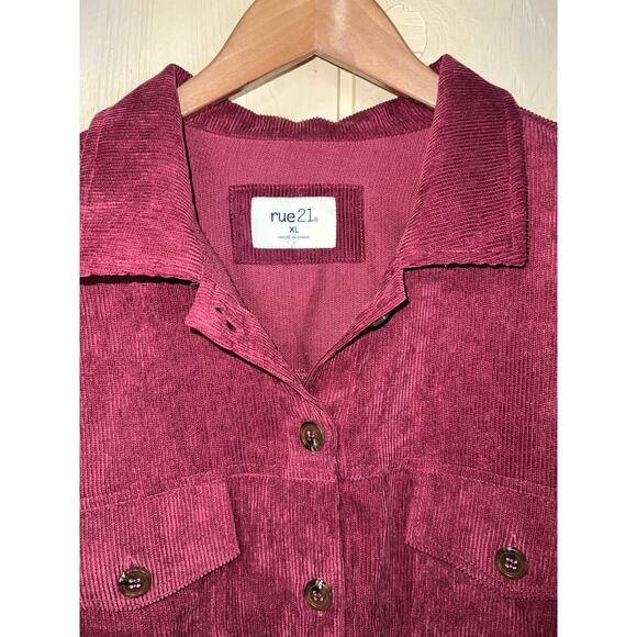 Rue 21 X-Large Fray Raw Corduroy Crop Jacket Shacket Top Wine Oversized XL NEW - Picture 2 of 10